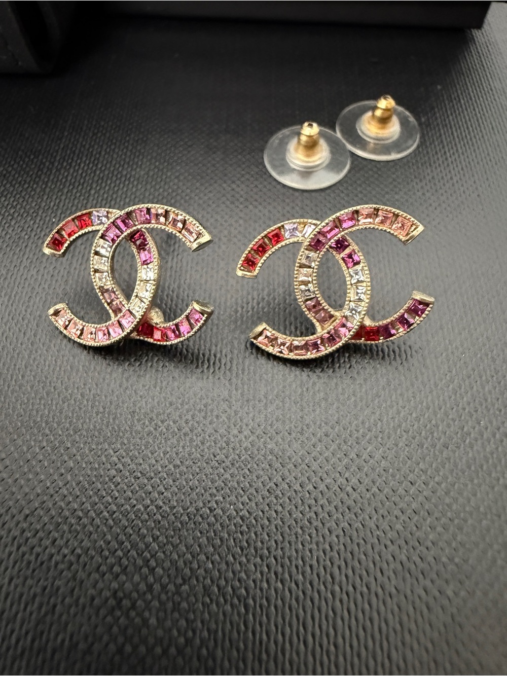 CHANEL Gold-Tone CC Logo Earrings with Pink and Red Crystals